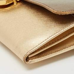Prada Gold Saffiano Leather Pushlock Flap Wallet