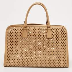 Pre Owned Prada Beige Saffiano Lux Leather Perforated Satchel