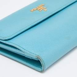 Pre Owned Prada Blue Saffiano Lux Leather Flap Continental Wallet