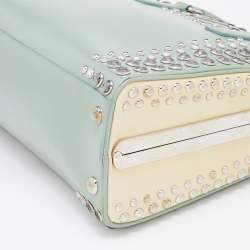 Pre Owned Prada Green/Beige Saffiano Patent Leather Studded Pyramid Frame Satchel