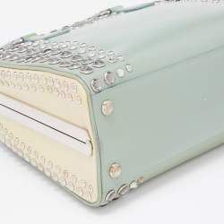 Pre Owned Prada Green/Beige Saffiano Patent Leather Studded Pyramid Frame Satchel