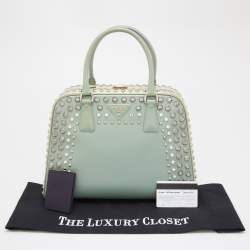 Pre Owned Prada Green/Beige Saffiano Patent Leather Studded Pyramid Frame Satchel