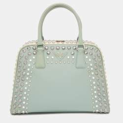Pre Owned Prada Green/Beige Saffiano Patent Leather Studded Pyramid Frame Satchel