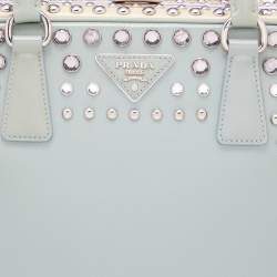 Pre Owned Prada Green/Beige Saffiano Patent Leather Studded Pyramid Frame Satchel