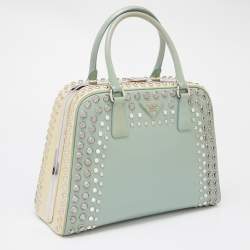 Pre Owned Prada Green/Beige Saffiano Patent Leather Studded Pyramid Frame Satchel
