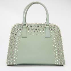 Pre Owned Prada Green/Beige Saffiano Patent Leather Studded Pyramid Frame Satchel