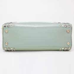 Pre Owned Prada Green/Beige Saffiano Patent Leather Studded Pyramid Frame Satchel