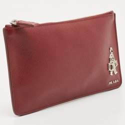 Pre Owned Prada Brown Saffiano Lux Leather Wristlet Pouch