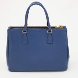 Pre Owned Prada Blue Saffiano Lux Leather Medium Galleria Double Zip Tote