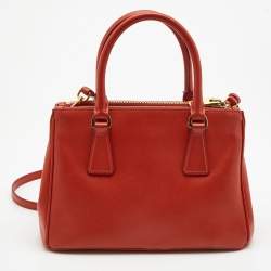 Pre Owned Prada Red Saffiano Lux Leather Mini Double Zip Tote