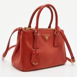 Pre Owned Prada Red Saffiano Lux Leather Mini Double Zip Tote