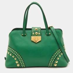 Pre Owned Prada Green Saffiano Leather Promenade Studded Satchel
