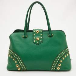 Pre Owned Prada Green Saffiano Leather Promenade Studded Satchel