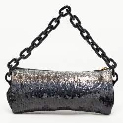 Prada Black Ombre Sequins Logo Chain Clutch