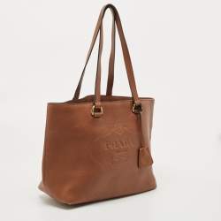 Pre Owned Prada Brown Vitello Danio Leather Logo Embossed Tote