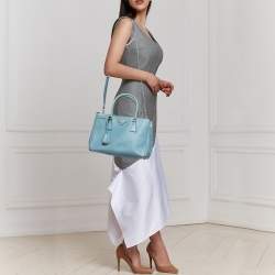 Pre Owned Prada Blue Saffiano Lux Leather Small Double Zip Tote