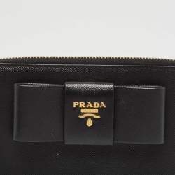 Pre Owned Prada Black Saffiano Metal Leather Bow Zip Around Wallet