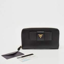 Pre Owned Prada Black Saffiano Metal Leather Bow Zip Around Wallet