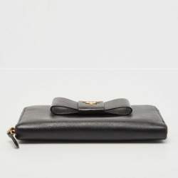 Pre Owned Prada Black Saffiano Metal Leather Bow Zip Around Wallet