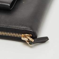 Pre Owned Prada Black Saffiano Metal Leather Bow Zip Around Wallet