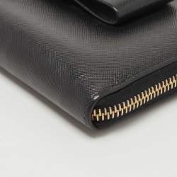 Pre Owned Prada Black Saffiano Metal Leather Bow Zip Around Wallet