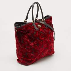 Pre Owned Prada Red/Black Velvet And Nylon Floral Tote