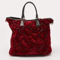 Pre Owned Prada Red/Black Velvet And Nylon Floral Tote