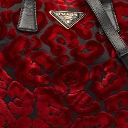 Pre Owned Prada Red/Black Velvet And Nylon Floral Tote