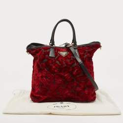 Pre Owned Prada Red/Black Velvet And Nylon Floral Tote