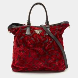 Pre Owned Prada Red/Black Velvet And Nylon Floral Tote