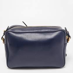 Prada Navy Blue Logo Embossed Leather Camera Crossbody Bag