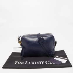 Prada Navy Blue Logo Embossed Leather Camera Crossbody Bag