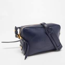Prada Navy Blue Logo Embossed Leather Camera Crossbody Bag
