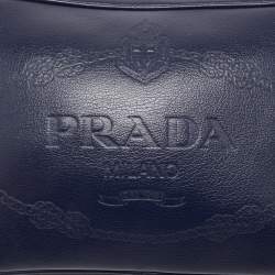 Prada Navy Blue Logo Embossed Leather Camera Crossbody Bag