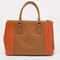 Pre Owned Prada Tan/Orange Saffiano Lux Leather Medium Double Zip Tote