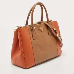 Pre Owned Prada Tan/Orange Saffiano Lux Leather Medium Double Zip Tote