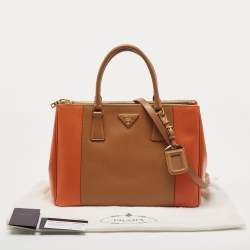 Pre Owned Prada Tan/Orange Saffiano Lux Leather Medium Double Zip Tote