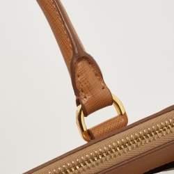 Pre Owned Prada Tan/Orange Saffiano Lux Leather Medium Double Zip Tote