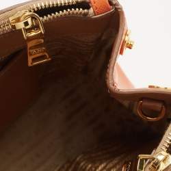 Pre Owned Prada Tan/Orange Saffiano Lux Leather Medium Double Zip Tote