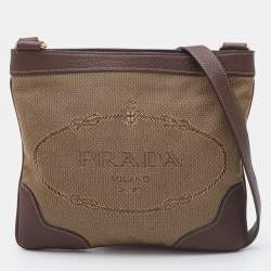 PRADA Brown Canvas Jacquard Logo Leather Crossbody Shoulder Bag With  Dustbag