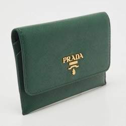 Pre Owned Prada Green Saffiano Leather Logo Flap Card Case