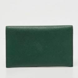 Pre Owned Prada Green Saffiano Leather Logo Flap Card Case