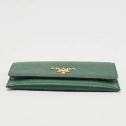 Pre Owned Prada Green Saffiano Leather Logo Flap Card Case