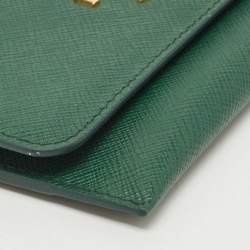 Pre Owned Prada Green Saffiano Leather Logo Flap Card Case