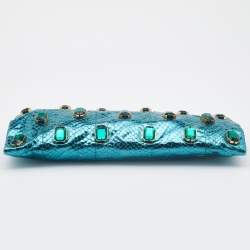 Pre Owned Prada Metallic Blue Watersnake Leather Crystal Embellished Clutch
