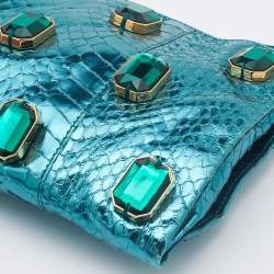 Pre Owned Prada Metallic Blue Watersnake Leather Crystal Embellished Clutch