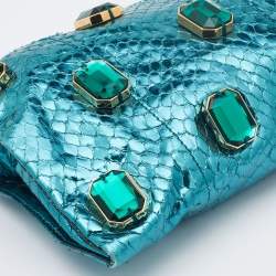Pre Owned Prada Metallic Blue Watersnake Leather Crystal Embellished Clutch