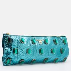 Pre Owned Prada Metallic Blue Watersnake Leather Crystal Embellished Clutch