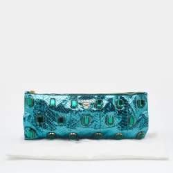 Pre Owned Prada Metallic Blue Watersnake Leather Crystal Embellished Clutch