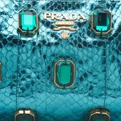 Pre Owned Prada Metallic Blue Watersnake Leather Crystal Embellished Clutch